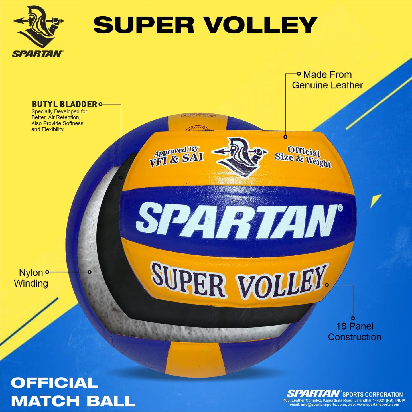 Spartan Super Volley Leather Pasted Rubber Moulded Volleyball Size 3,4, Durable, 18 Panel (yellow blue) Lightweight, Waterproof, Training, Match, Practice, Beach Play, for all seasons youth, adult