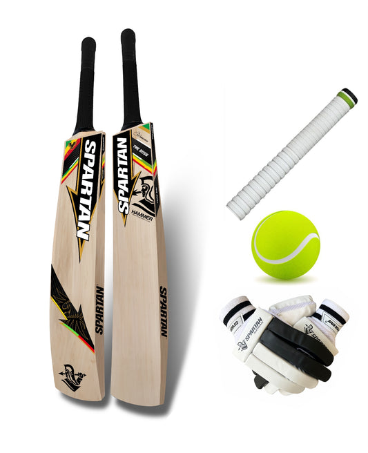 SPARTAN Chris Gayle Hammer Kashmir Willow Cricket Bat (Harrow) With Grip, Tennis Ball & Gloves